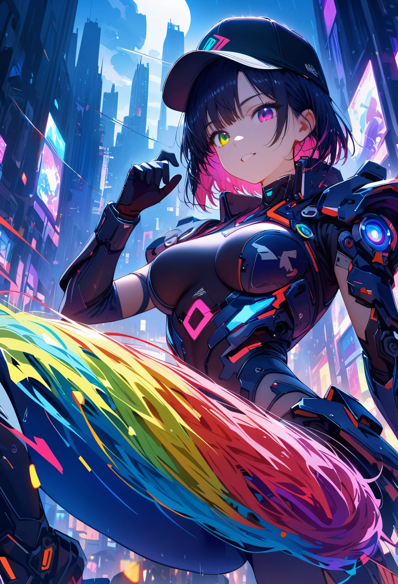 {{​Masterpiece,best work}}, top quality, Ultra-detailed CG Unity,8k wallpaper, lens flare, (Detailed beautiful eyes),particle,Miss,Berry short hair,cool face,((Colorful mechanical wool)),rainbow eyes,heterochromia iridis,Big deal,黑紫色Body,Inorganic black headwear,(Perfect Body),cyberpunk,Inorganic decoration,Body,cable,low angle,Whole BodyEsbian,a sexy,high heels boots,night city,rain,Eyes looking down,perfect hands.
