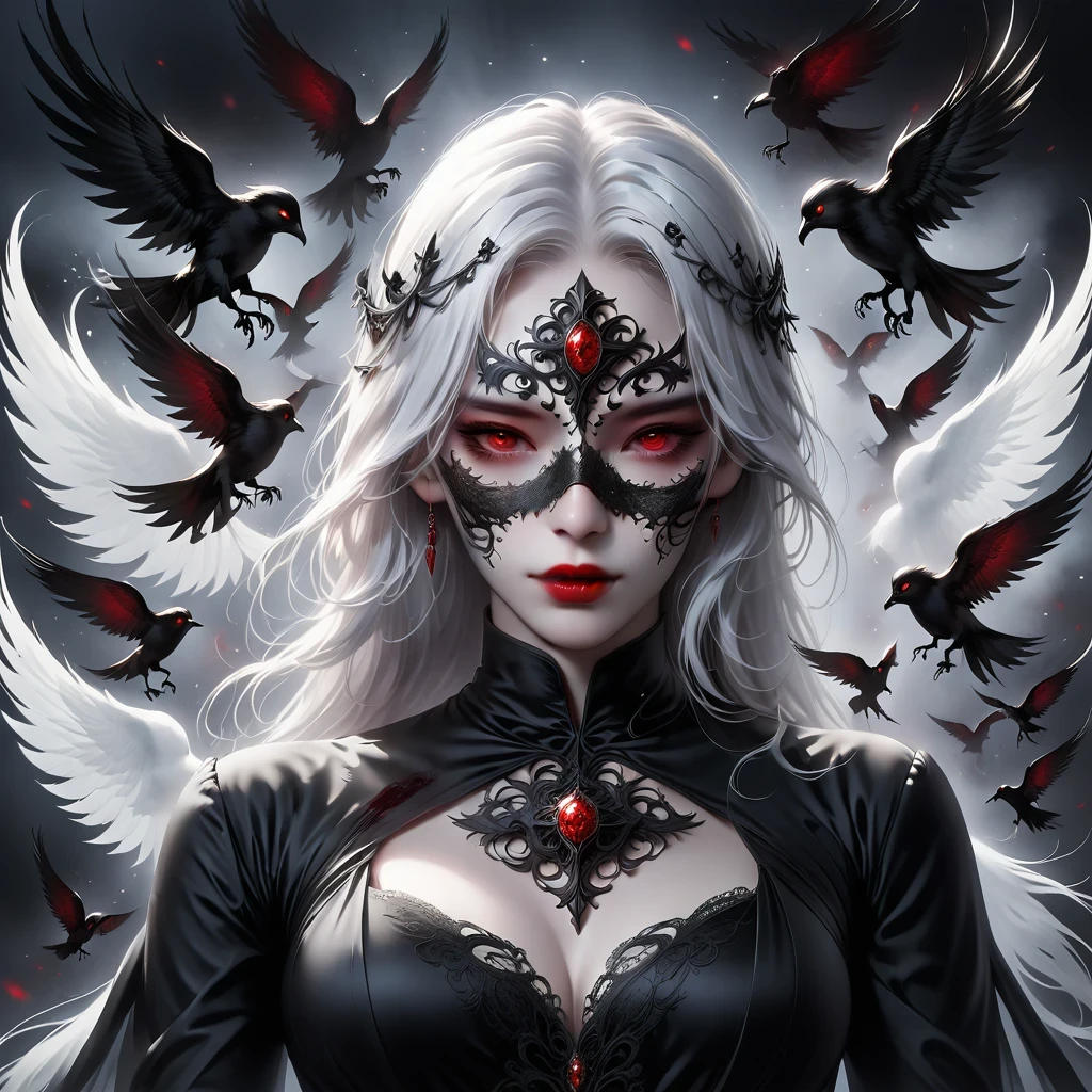 （Mask in hand：1.5），（White-haired ghost，straight hair，Red eyes），（gothic art），（Fear：1.5），（correct human anatomy：1.37）