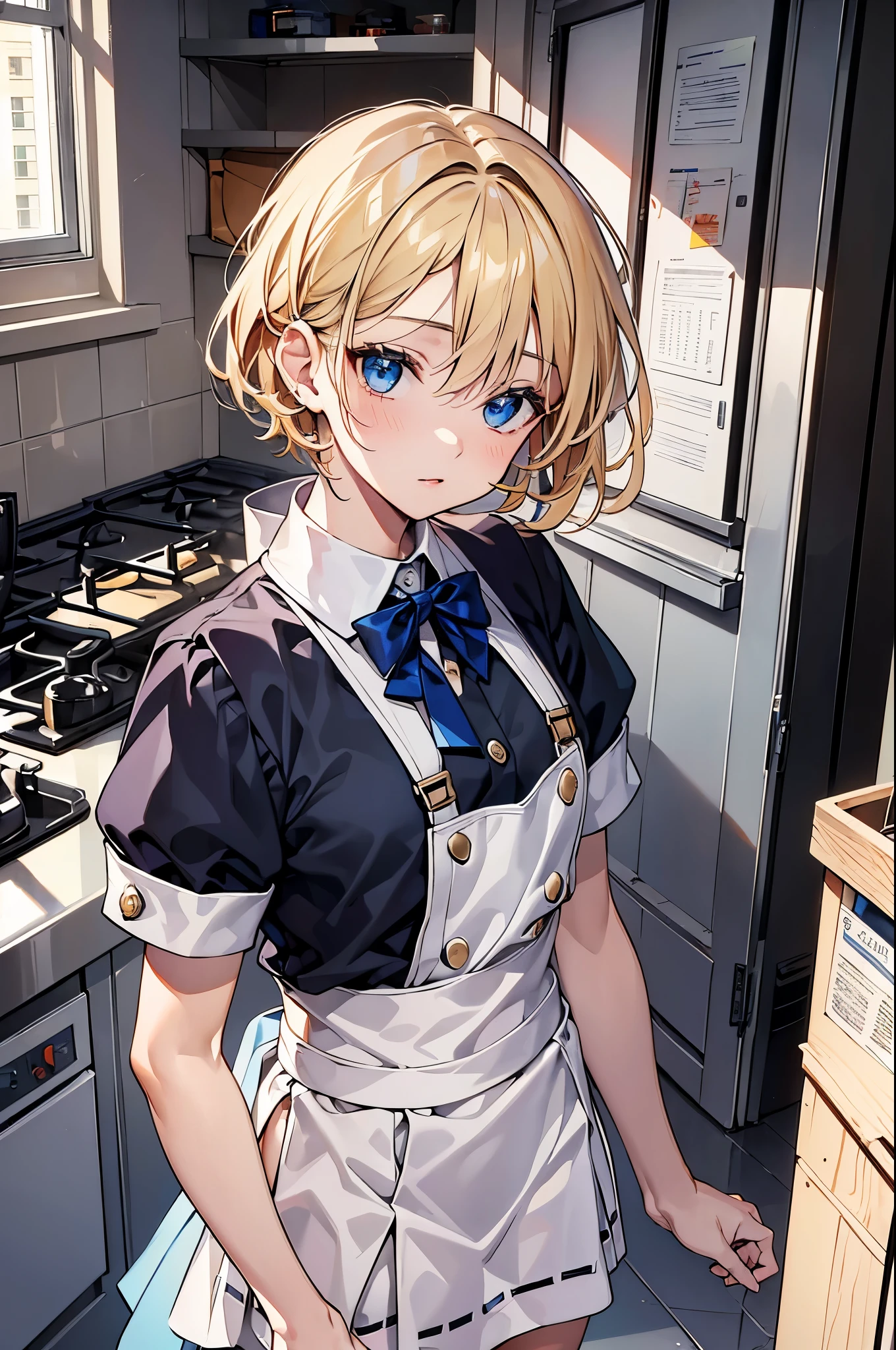 (masterpiece:1.3), (8K、best quality:1.4), (top-quality, hight resolution), (1 girl:1.3), (solo:1.3), (Symmetrical perfect face), beautiful eyelashes, (flat chest:1.4), (beautiful thighs), ((accurate arm, five fingers, accurate legs)), (perfect anatomy), short hair, blonde hair, blue eyes, Maid clothes, Are standing, clear face, Fair skin, indoors, kitchen, From above, 1990s (style), --Niji5 --ar2:3 --s 100