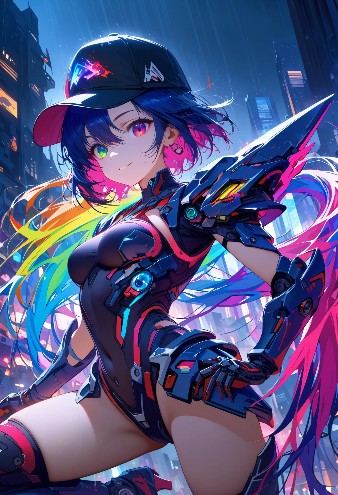 {{Masterpiece,best work}}, top quality, Ultra-detailed CG Unity,8k wallpaper, lens flare, (Detailed beautiful eyes),particle,Miss,Berry short hair,cool face,((Colorful mechanical wool)),rainbow eyes,heterochromia iridis,Big deal,黑紫色Body,Inorganic black headwear,(Perfect Body),cyberpunk,Inorganic decoration,Body,cable,low angle,Whole BodyEsbian,a sexy,high heels boots,night city,rain,Eyes looking down,perfect hands.