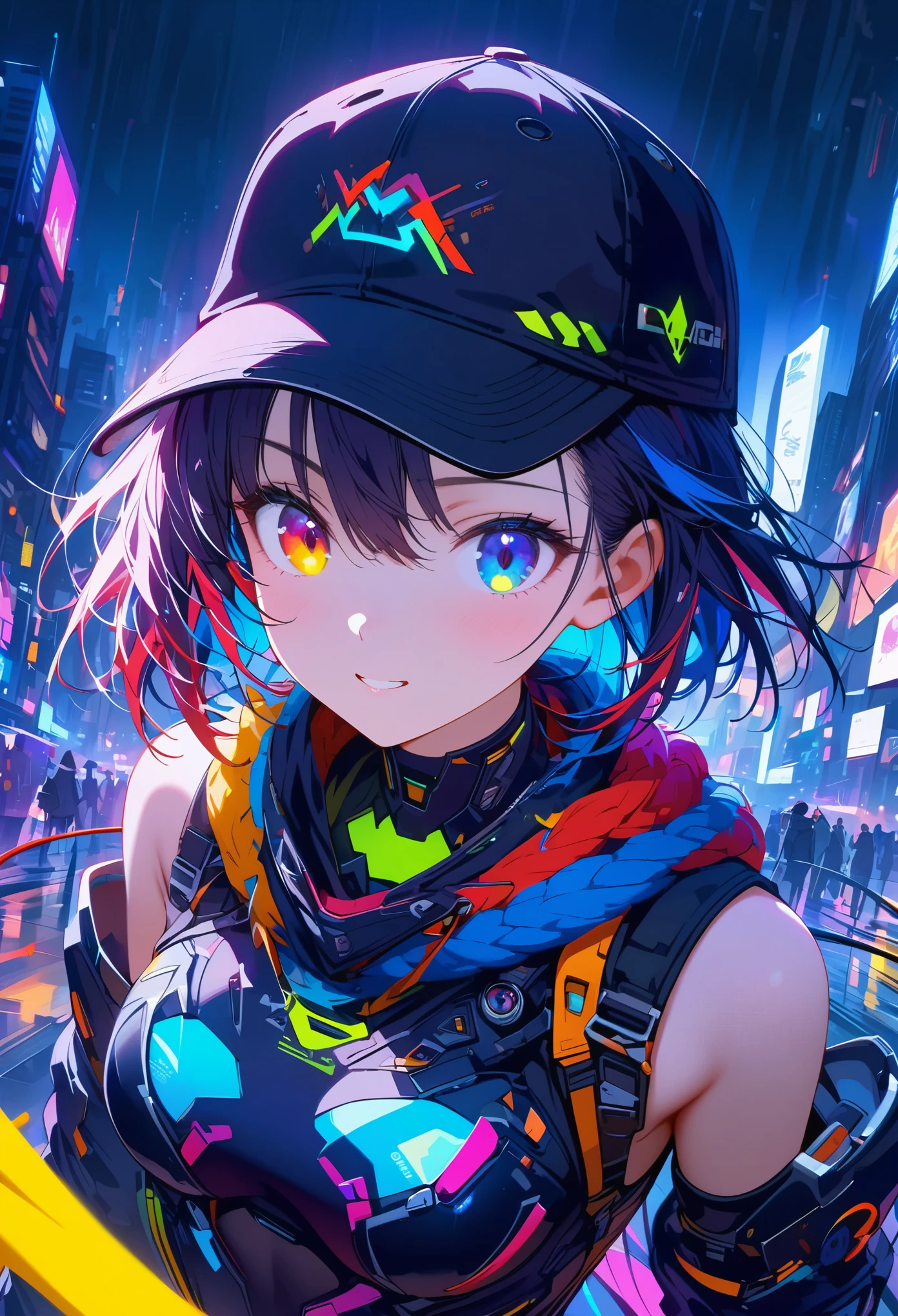 {{​Masterpiece,best work}}, top quality, Ultra-detailed CG Unity,8k wallpaper, lens flare, (Detailed beautiful eyes),particle,Miss,Berry short hair,cool face,((Colorful mechanical wool)),rainbow eyes,heterochromia iridis,Big deal,黑紫色Body,Inorganic black headwear,(Perfect Body),cyberpunk,Inorganic decoration,Body,cable,low angle,Whole BodyEsbian,a sexy,high heels boots,night city,rain,Eyes looking down,perfect hands.
