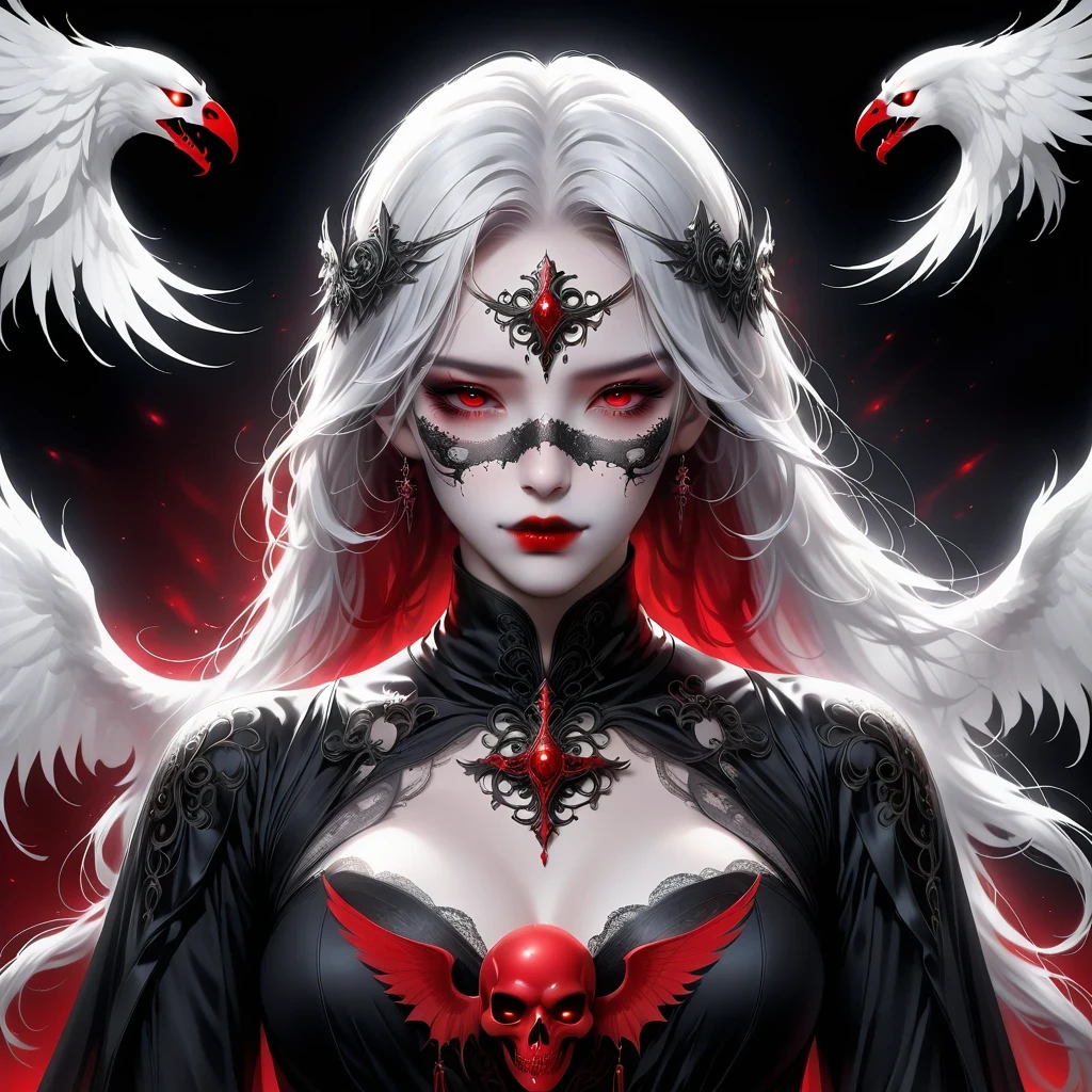 (Mask in hand:1.5),(White-haired ghost,straight hair,Red eyes),(gothic art),(Fear:1.5),(correct human anatomy:1.37)