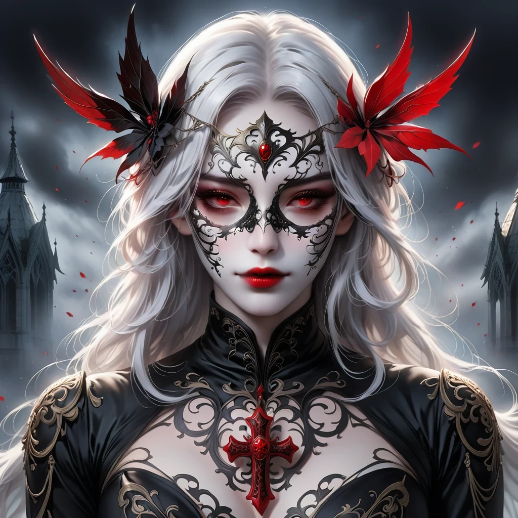 （Mask in hand：1.5），（White-haired ghost，straight hair，Red eyes），（gothic art），（Fear：1.5），（correct human anatomy：1.37）