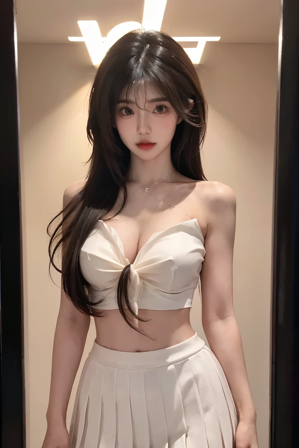 Beautiful woman with perfect body:1.4,layered hairstyle,prominent cleavage,Transparent tube top:1.5,ultra short pleated skirt,whole body,Highly detailed facial and skin textures,double eyelids,whiten skin,long hair