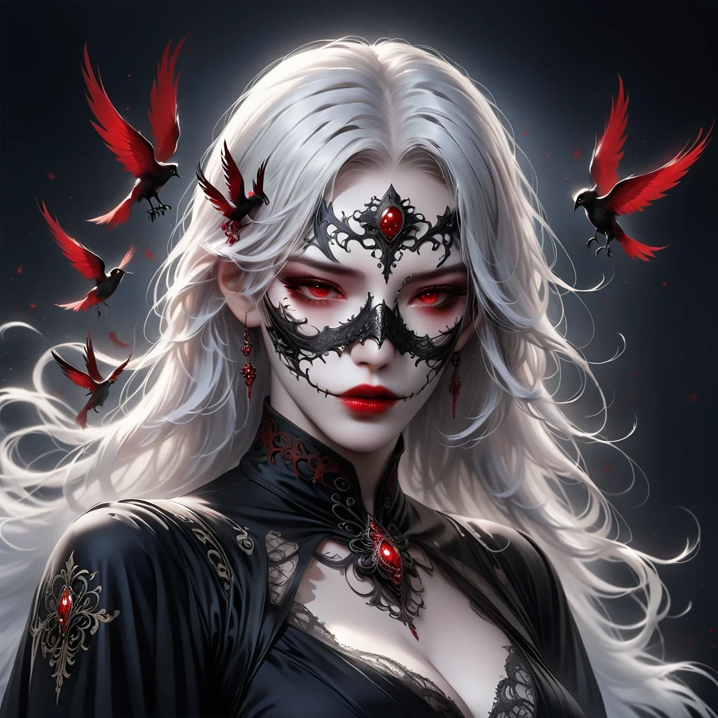 (Mask in hand:1.5),(White-haired ghost,straight hair,Red eyes),(gothic art),(Fear:1.5),(correct human anatomy:1.37)