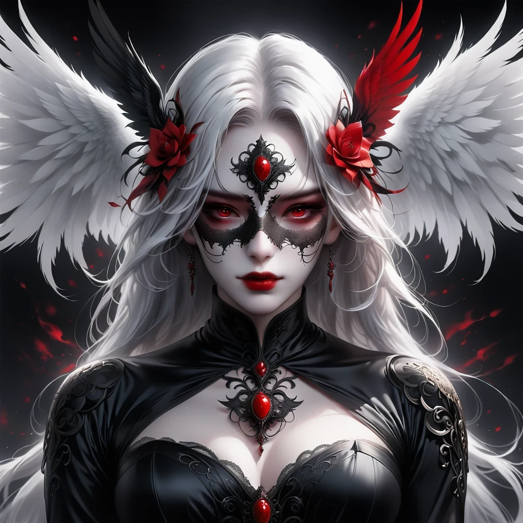 （Mask in hand：1.5），（White-haired ghost，straight hair，Red eyes），（gothic art），（Fear：1.5），（correct human anatomy：1.37）