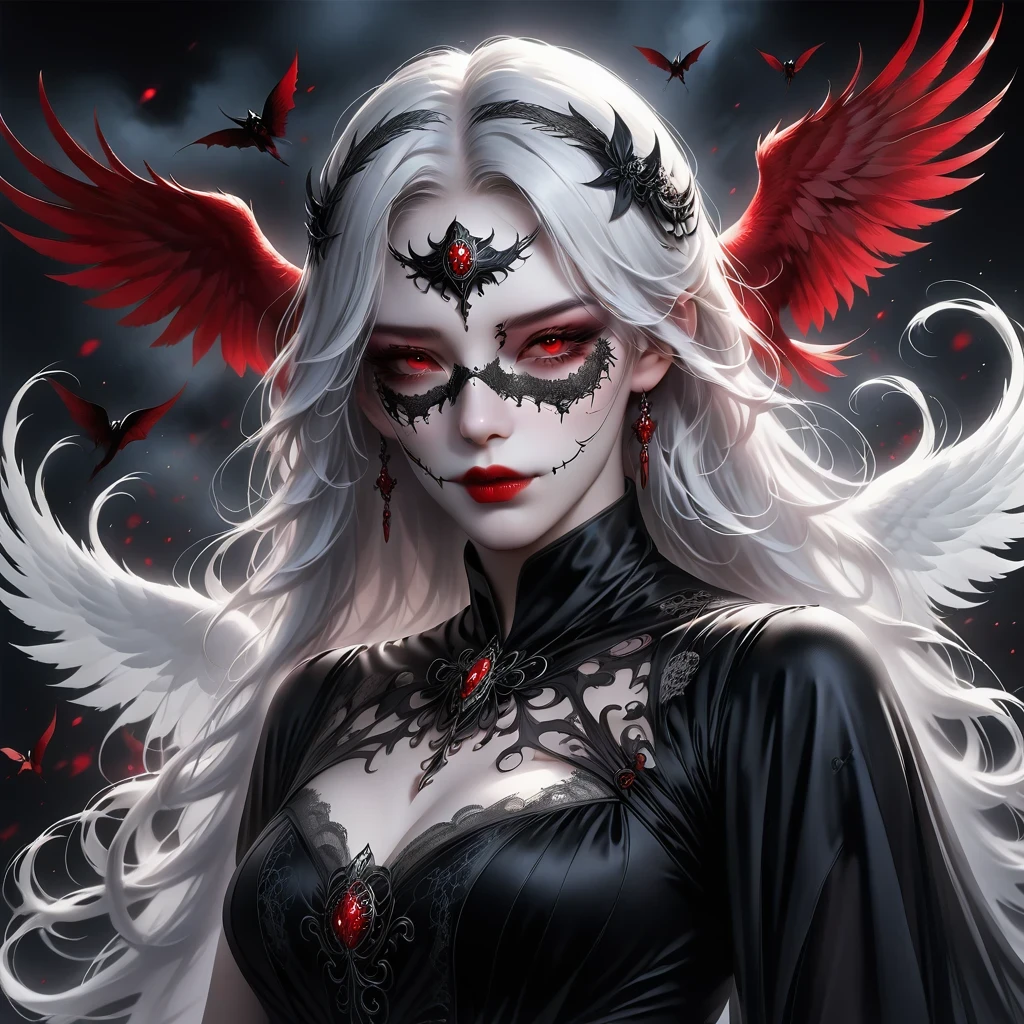 (Mask in hand:1.5),(White-haired ghost,straight hair,Red eyes),(gothic art),(Fear:1.5),(correct human anatomy:1.37)