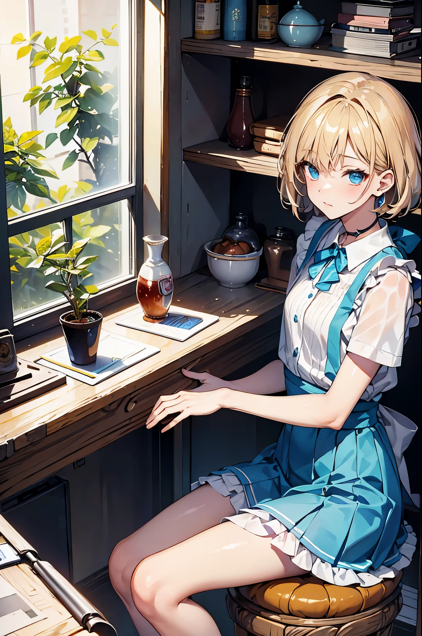 (masterpiece:1.3), (8K、best quality:1.4), (top-quality, hight resolution), (1 girl:1.3), (solo:1.3), (Symmetrical perfect face), beautiful eyelashes, (flat chest:1.4), (beautiful thighs), ((accurate arm, five fingers, accurate legs)), (perfect anatomy), short hair, blonde hair, blue eyes, Maid clothes, Are standing, clear face, Fair skin, indoors, kitchen, From above, 1990s (style), --Niji5 --ar2:3 --s 100