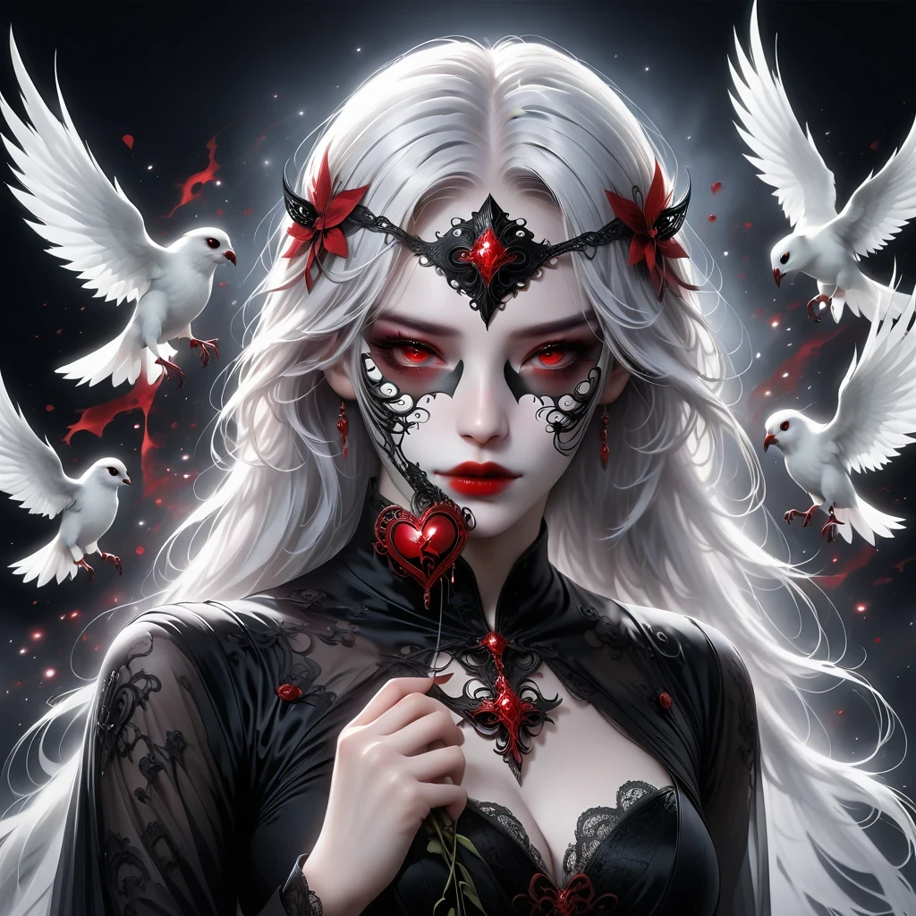 (Mask in hand:1.5),(White-haired ghost,straight hair,Red eyes),(gothic art),(Fear:1.5),(correct human anatomy:1.37)