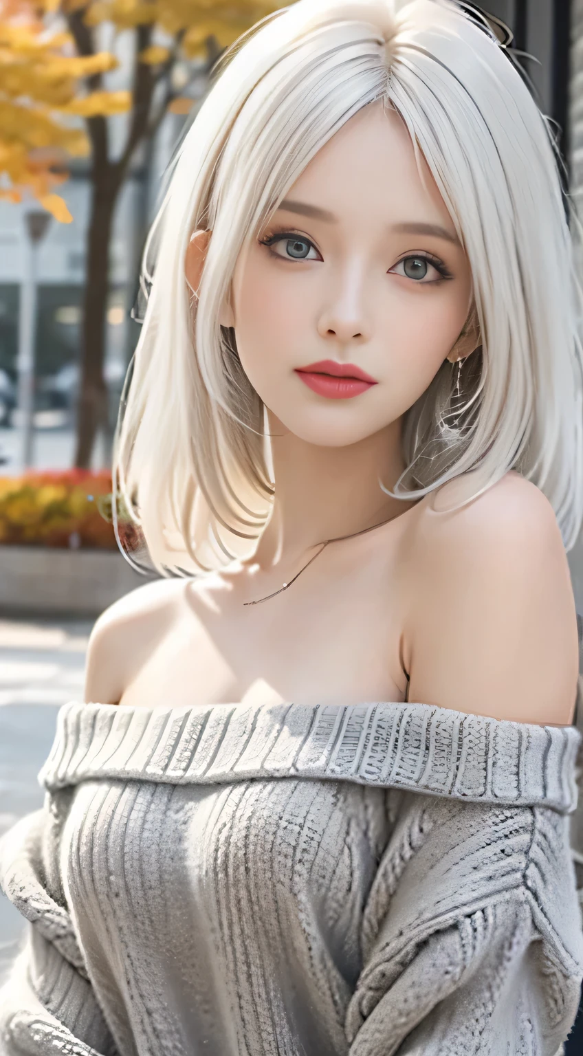 Medium Shot Shot, A beautiful woman looks at the camera, White hair, Chris Foss autumn off-the-shoulder sweater