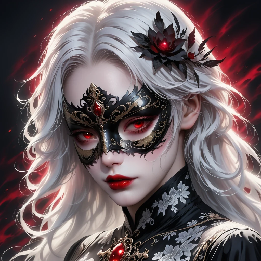 (Mask in hand:1.5),(White-haired ghost,straight hair,Red eyes),(gothic art),(Fear:1.5),(correct human anatomy:1.37)