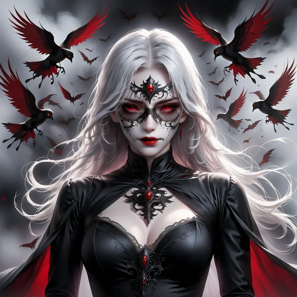 (Mask in hand:1.5),(White-haired ghost,straight hair,Red eyes),(gothic art),(Fear:1.5),(correct human anatomy:1.37)