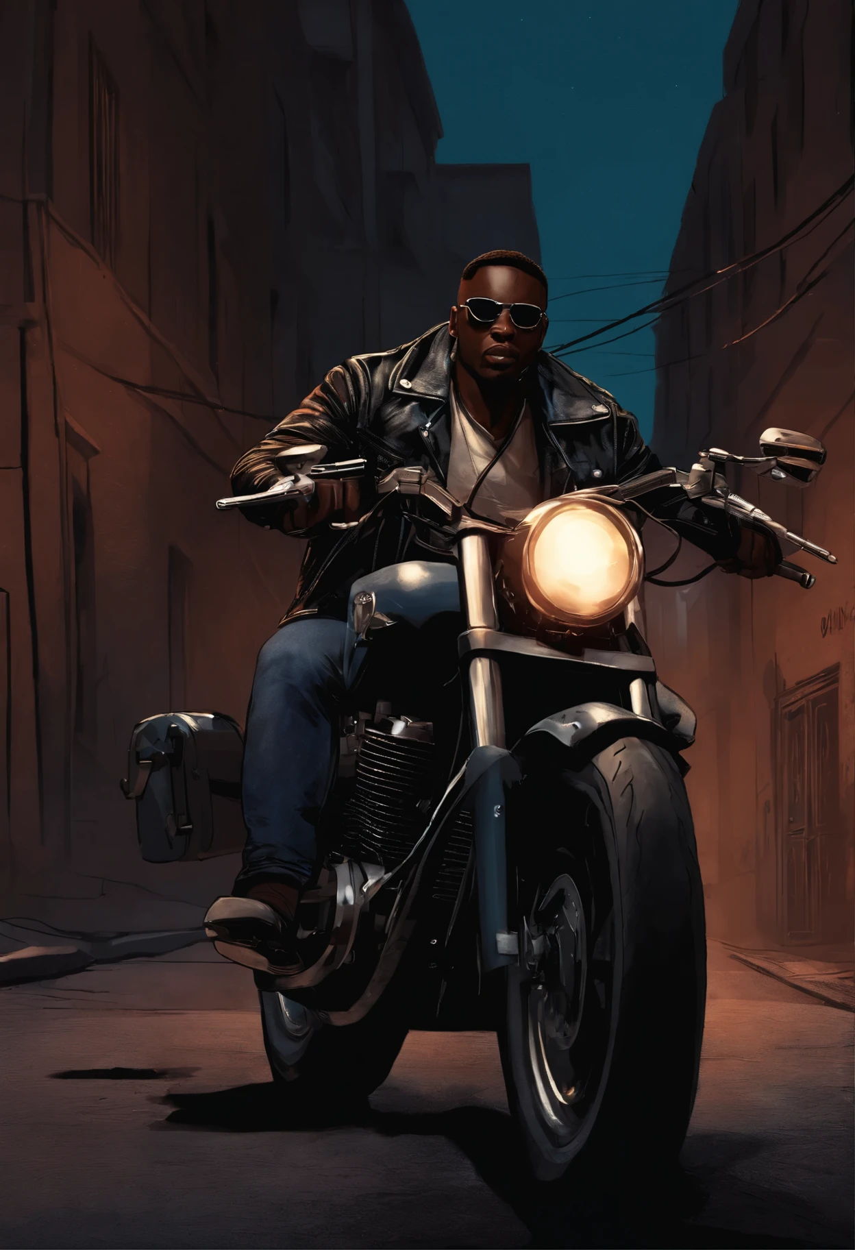 A role-playing book illustration. A strong black man sitting on top of a motorcycle. He wears a weather-beaten motorcycle jacket. He has a sawn-off double-barreled shotgun in one hand. The man is standing in an alley at night. wears dark glasses.