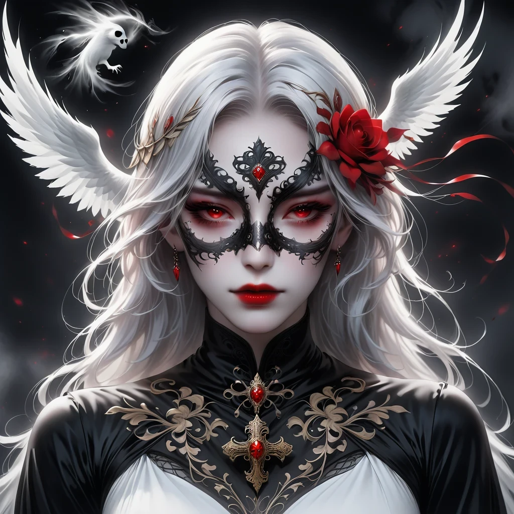 (Mask in hand:1.5),(White-haired ghost,straight hair,Red eyes),(gothic art),(Fear:1.5),(correct human anatomy:1.37)