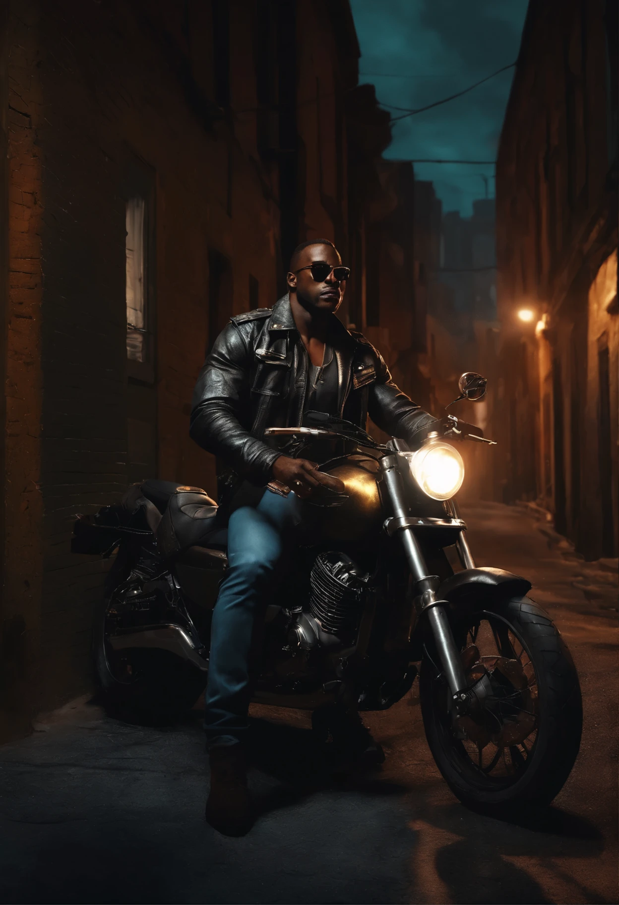 A role-playing book illustration. A strong black man sitting on top of a motorcycle. He wears a weather-beaten motorcycle jacket. He has a sawn-off double-barreled shotgun in one hand. The man is standing in an alley at night. wears dark glasses.