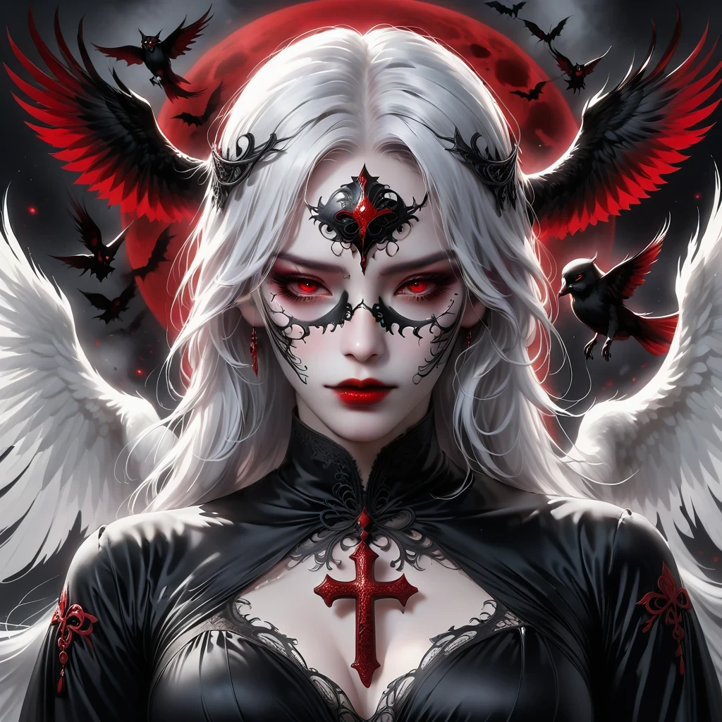 (Mask in hand:1.5),(White-haired ghost,straight hair,Red eyes),(gothic art),(Fear:1.5),(correct human anatomy:1.37)