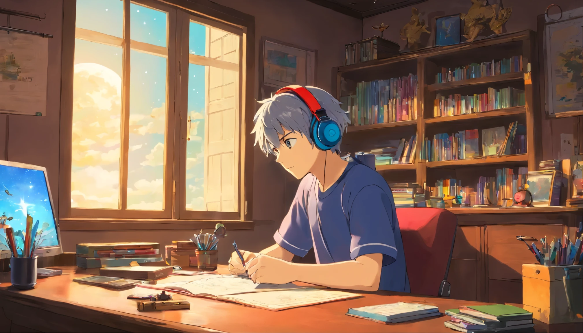 (masterpiece) maleの子 (male) He is sitting in his room studying., on his desk, with headphones on, Geek Decor, video games on the wall, poster, Window with moon and stars, Calm, peaceful, thought, cinematic, color grading, Beautifully color-coded,
