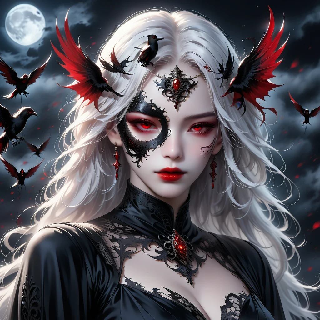 (Mask in hand:1.5),(White-haired ghost,straight hair,Red eyes),(gothic art),(Fear:1.5),(correct human anatomy:1.37)