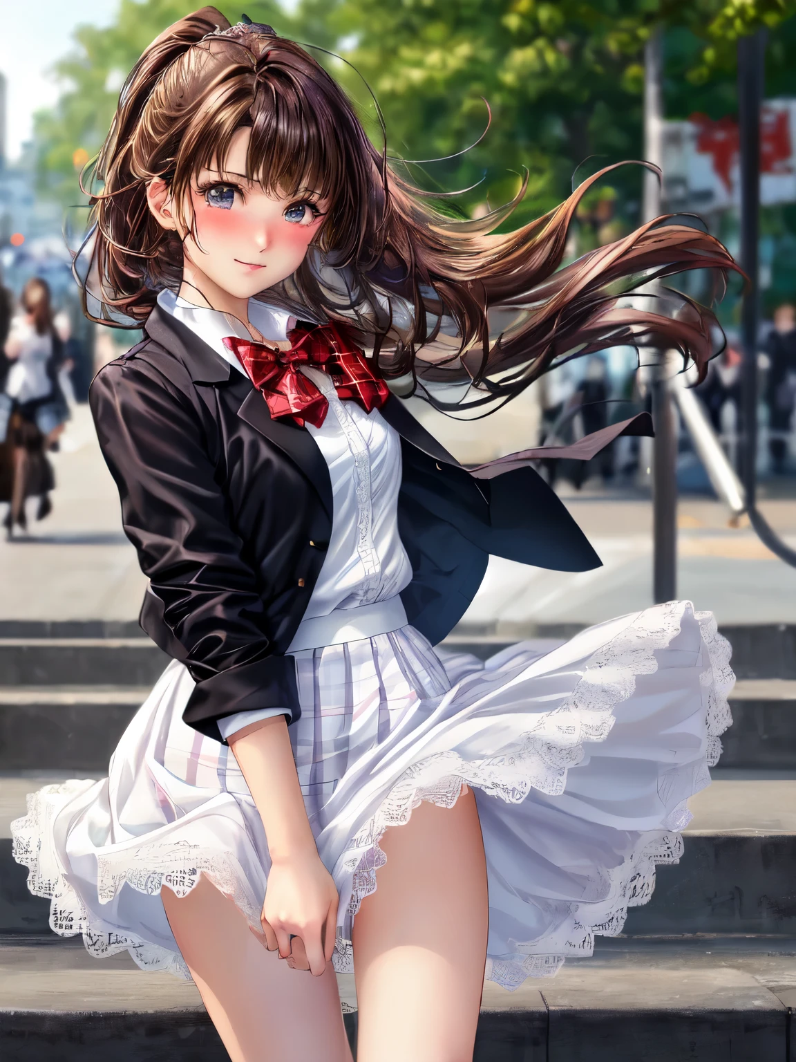 ((highest quality, High resolution, perfect pixel, 4k))), 1 woman, beautiful woman、I could see the whole body、walking down the subway stairs、lots of commuters、 ((ponytail, bangs, brown hair)), ((brown eyes, beautiful eyelashes, realistic eyes)), ((detailed face, blush:1.2))、((smooth texture:0.75, realistic texture:0.65, realistic:1.1, Anime CG style)), perfect body, ((red bow tie, Black open jacket, white shirt, plaid mini skirt)), embarrassing smile、 (The wind is blowing up my skirt:1.3)、(white lace satin panties:1.3), Diagonal side angle, dynamic angle