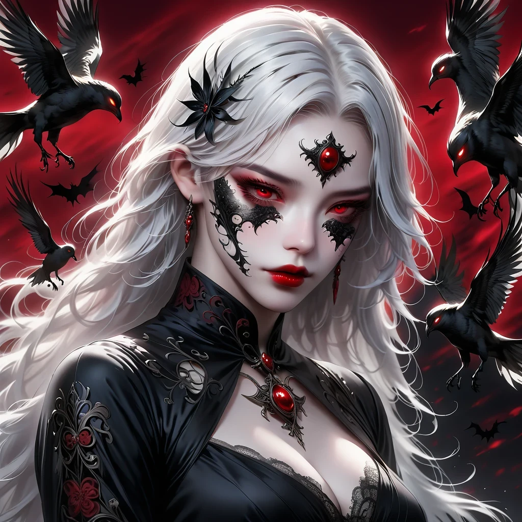 (Mask in hand:1.5),(White-haired ghost,straight hair,Red eyes),(gothic art),(Fear:1.5),(correct human anatomy:1.37)