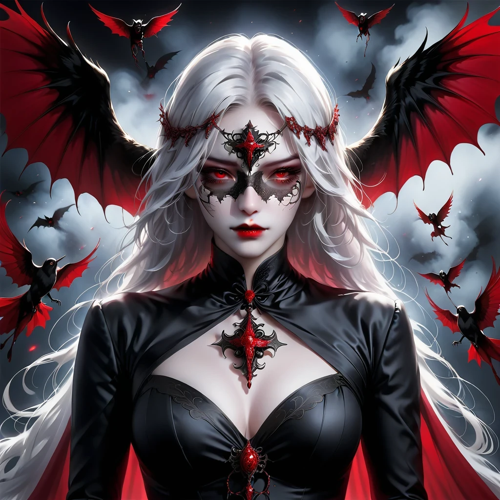(Mask in hand:1.5),(White-haired ghost,straight hair,Red eyes),(gothic art),(Fear:1.5),(correct human anatomy:1.37)