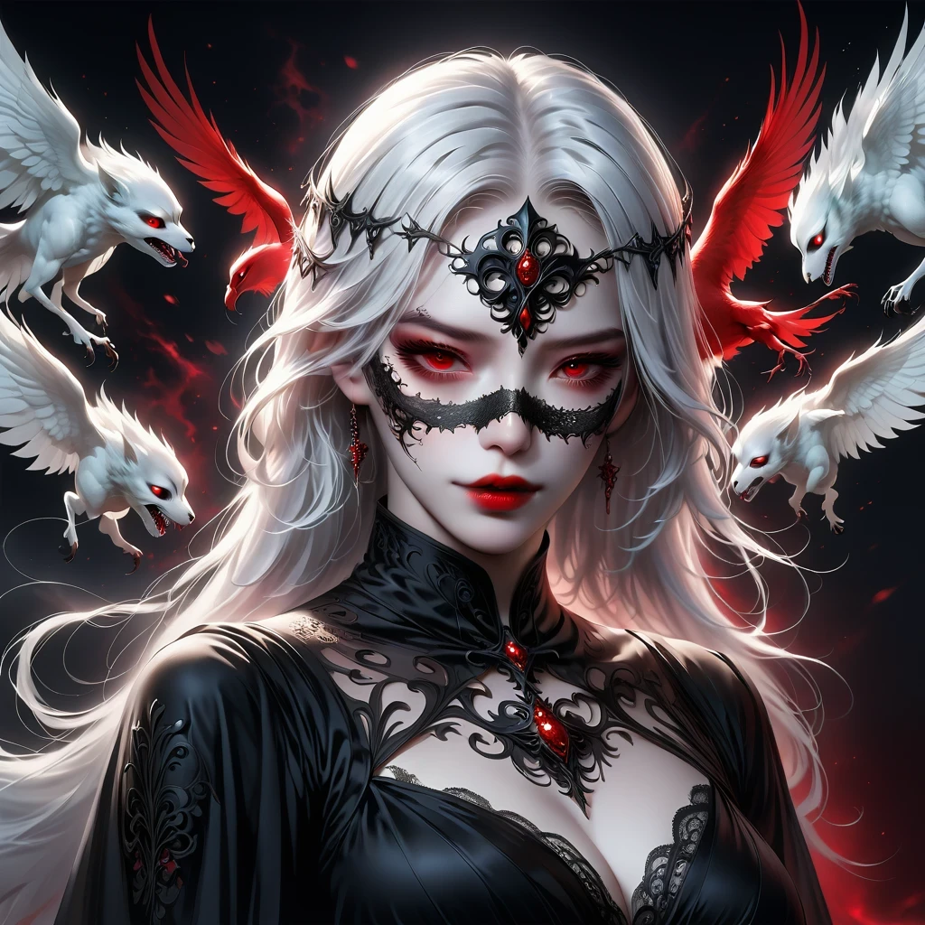 (Mask in hand:1.5),(White-haired ghost,straight hair,Red eyes),(gothic art),(Fear:1.5),(correct human anatomy:1.37)