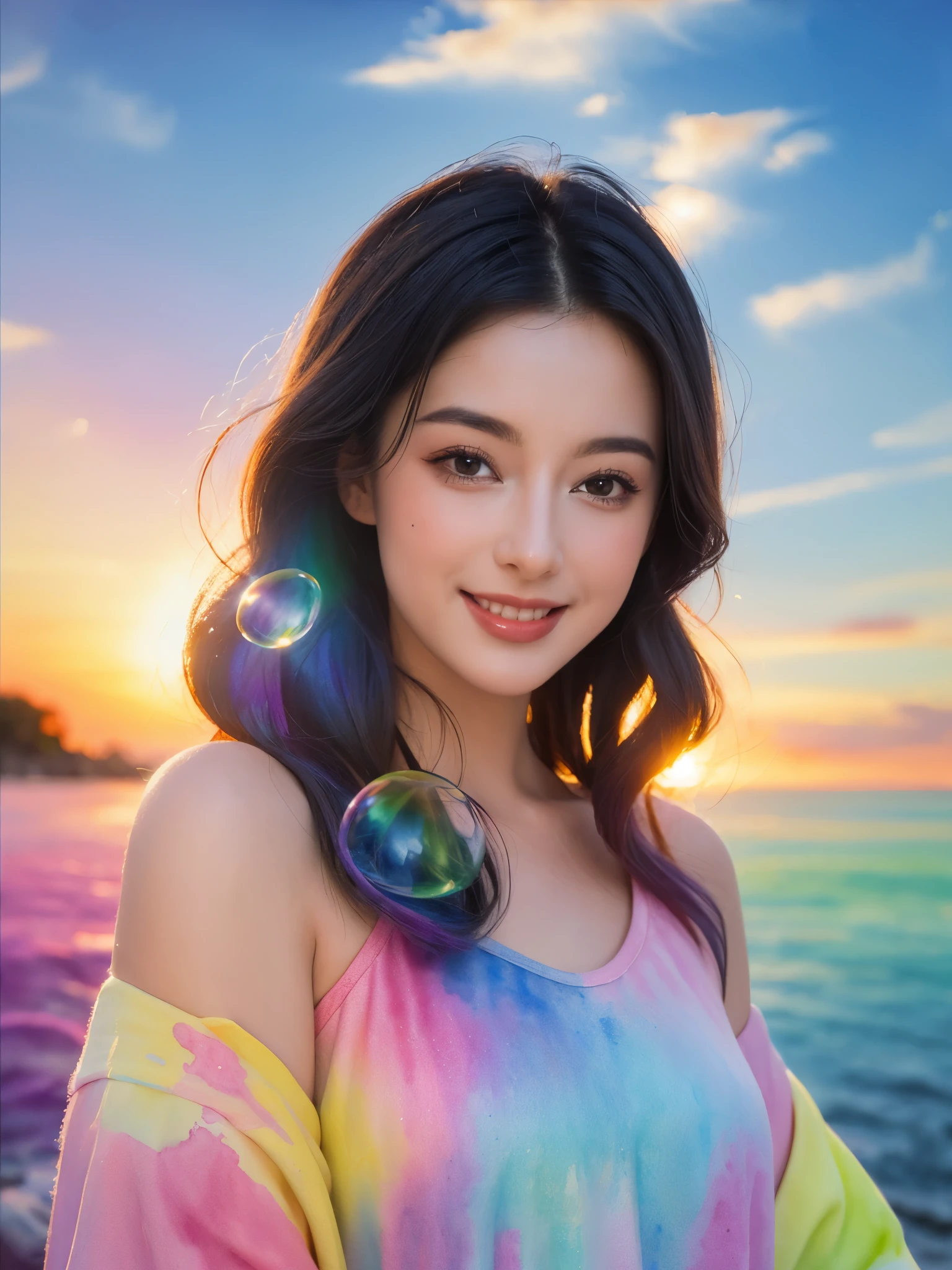 (masterpiece, top quality, best quality, watercolor (Moderate), official art, Beautiful and beautiful: 1.2), (1 girl: 1.3), (fractal art: 1.3), morning, Good morning, Smile, sunny, hapiness, look at the audience, pattern, waves, (Iridescent hair, rich and colorful Hair: 1.2), Sky, gas, cloud, rich and colorful, soap bubbles