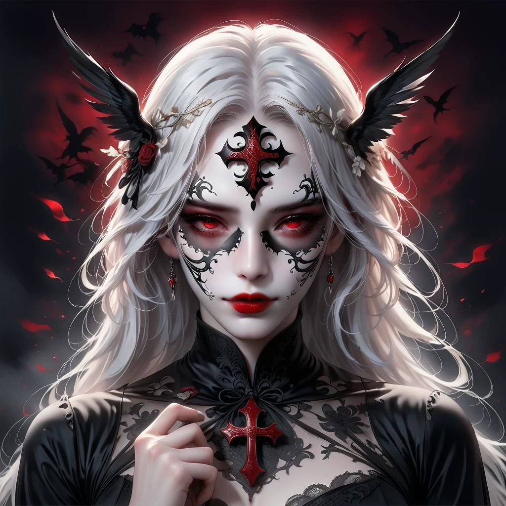 (Hand holding mask:1.5),(White-haired ghost,straight hair,Red eyes),(gothic art),(Fear:1.5),(correct human anatomy:1.37)