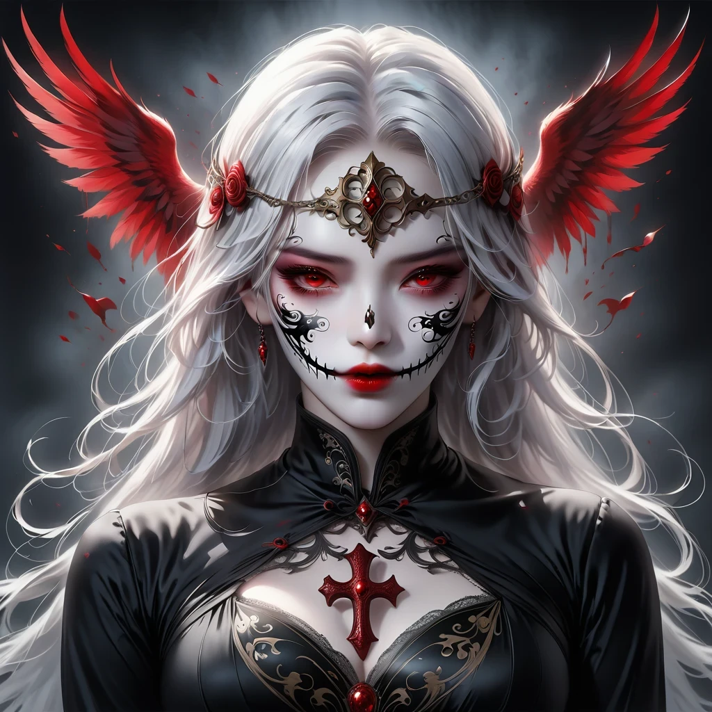 (Hand holding mask:1.5),(White-haired ghost,straight hair,Red eyes),(gothic art),(Fear:1.5),(correct human anatomy:1.37)