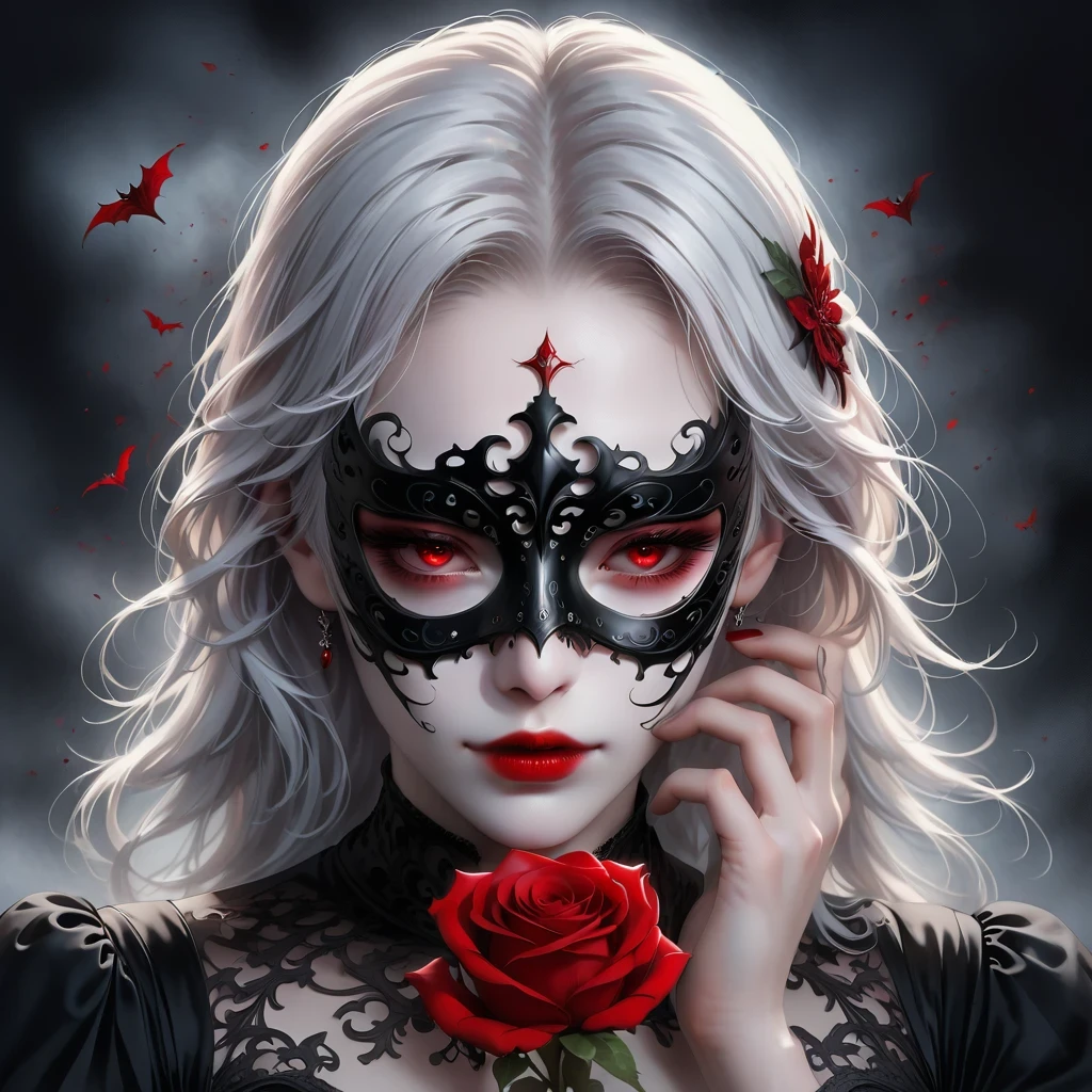 (Hand holding mask:1.5),(White-haired ghost,straight hair,Red eyes),(gothic art),(Fear:1.5),(correct human anatomy:1.37)