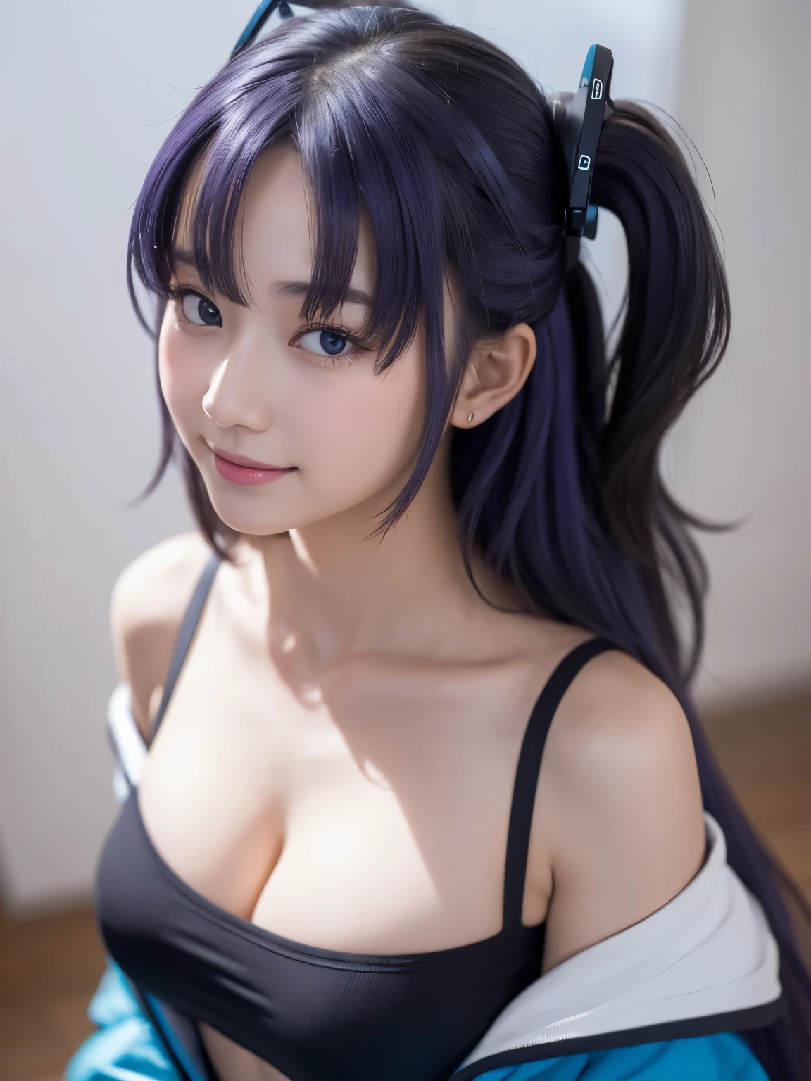 (shoot from above:1.3), looking back,Selfie, (beautiful japanese girl), (Shot with Canon EOS 5D Mark 4 and Canon EF Lens 85mm F1.8L lens, F value 2.8, ISO 50, shutter speed 64), beautiful and fine eyes, perfection , perfection, roll your eyes, detailed face, fine eyes, excellent quality, masterpiece, very detailed, Advanced level of detail, many details, high quality, cinematic light, real hands, (super realistic:1.3), smile, seductive smile, high school student , perfect eyes, detailed skin, skin blemish, (153cm tall), (chubby : 1.3), cleavage, disproportionate breasts, 
yuuka, blue eyes, halo, (purple hair), two side up, long hair,
braless, Hollow Out 3/4 Sleeve Pullover Sweater Off Shoulder T-Shirts, Mini Skater Skirts,
Virtual Reality District, Virtual Reality