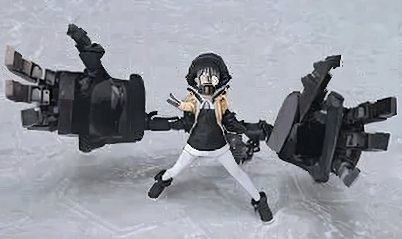 an animated artwork of a girl wearing a jacket and gas mask to help prevent pollution, 1girl, solo,