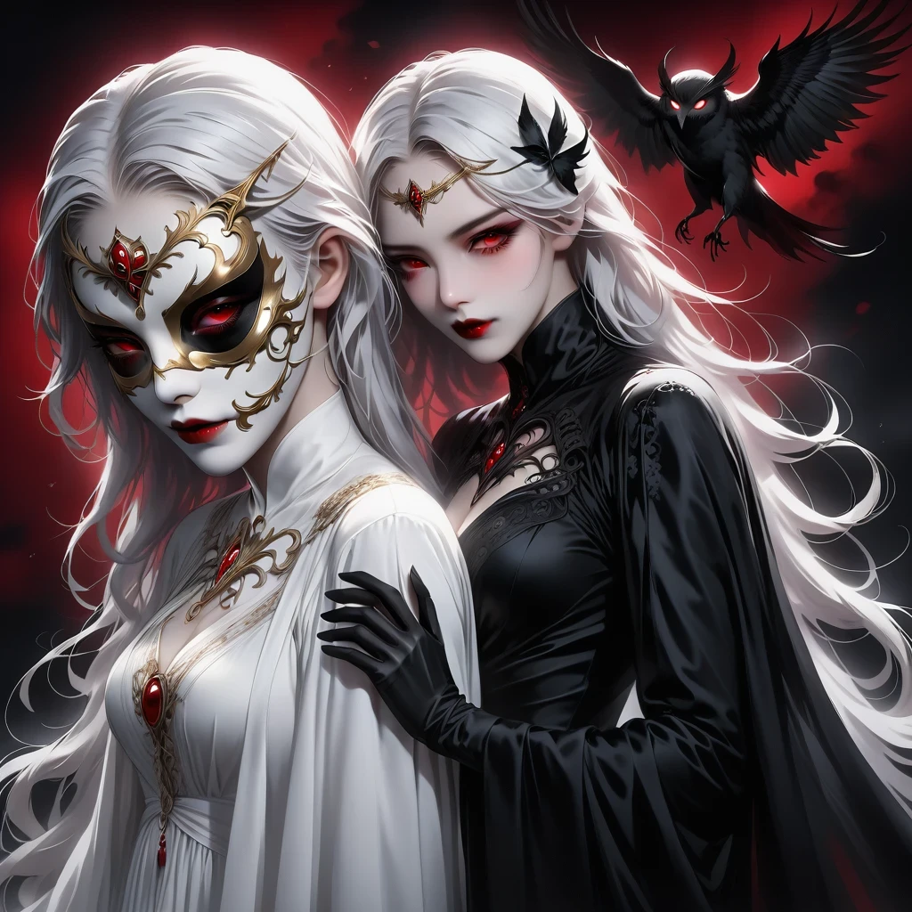 （Hand holding mask：1.5），（White-haired ghost，straight hair，Red eyes），（gothic art），（Fear：1.5），（correct human anatomy：1.37）
