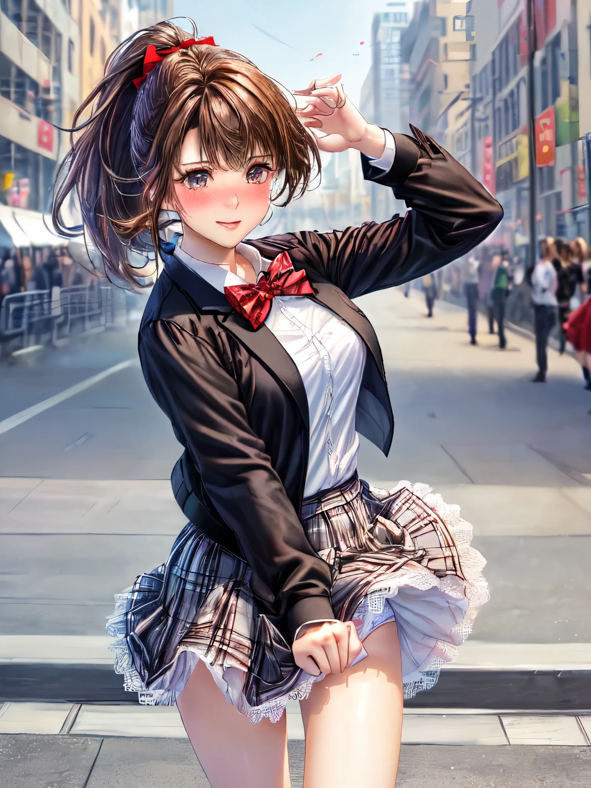 ((highest quality, High resolution, perfect pixel, 4k))), 1 woman, beautiful woman、I could see the whole body、walking down the subway stairs、lots of commuters、 ((ponytail, bangs, brown hair)), ((brown eyes, beautiful eyelashes, realistic eyes)), ((detailed face, blush:1.2))、((smooth texture:0.75, realistic texture:0.65, realistic:1.1, Anime CG style)), perfect body, ((red bow tie, Black open jacket, white shirt, plaid mini skirt)), embarrassing smile、 (The wind is blowing up my skirt:1.3)、(white lace satin panties:1.3), Diagonal side angle, dynamic angle、Naughty Wind