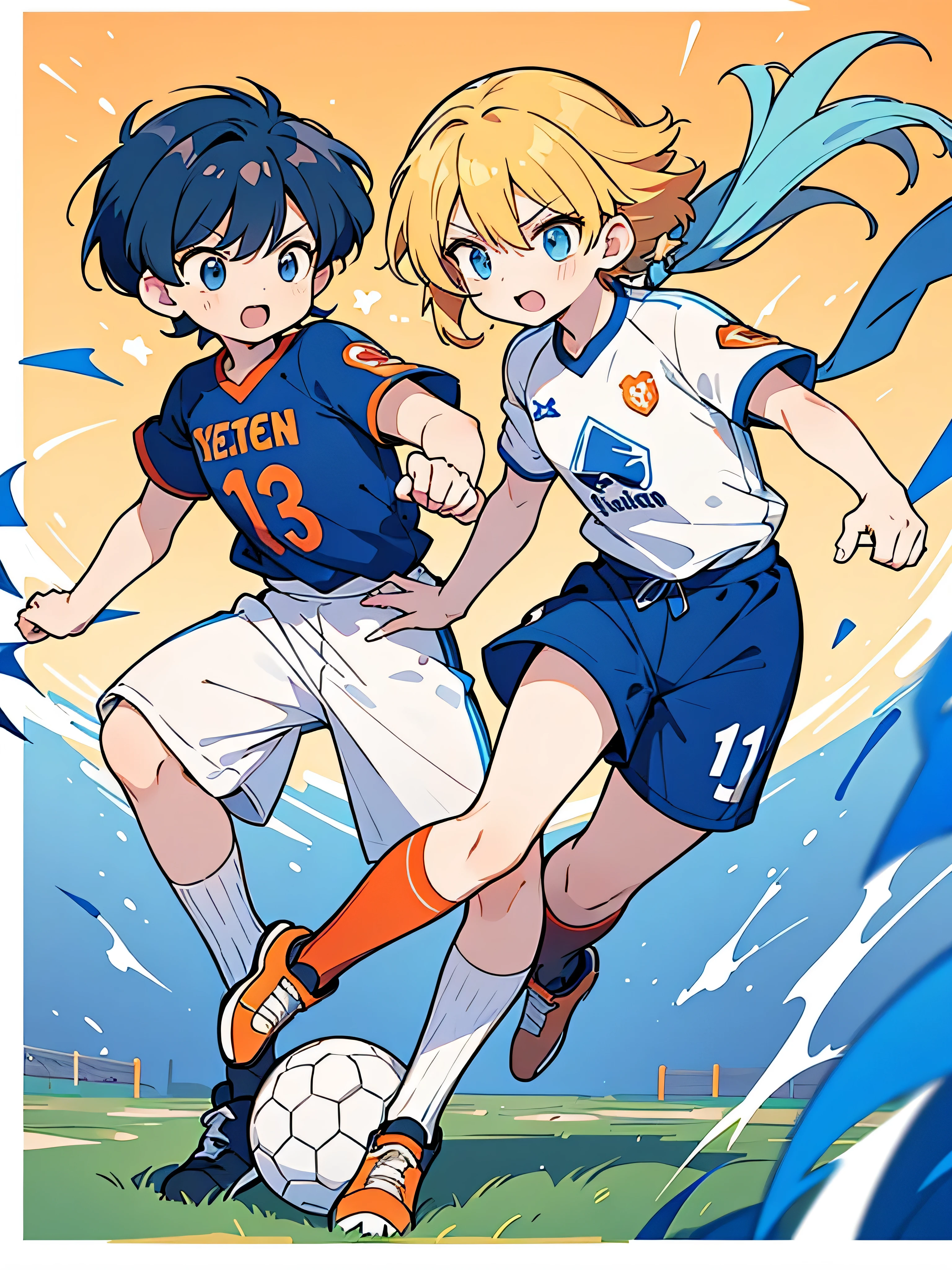 Ranma 1/2, orange soccer jersey, medium length blonde hair, and, a young tall handsome anime boy, light blue and white soccer jersey, with medium length light blue hair, playing against each other on a soccer field, lots of details,