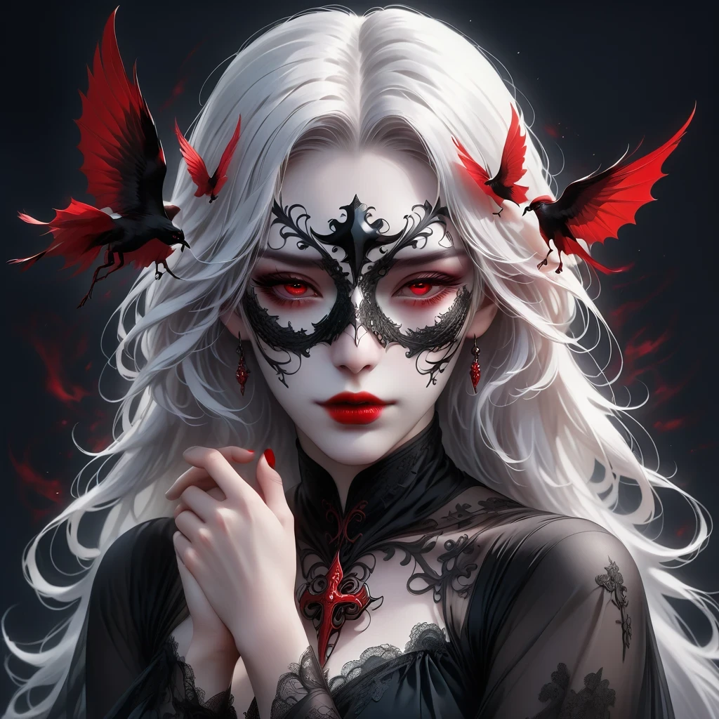(Hand holding mask:1.5),(White-haired ghost,straight hair,Red eyes),(gothic art),(Fear:1.5),(correct human anatomy:1.37)