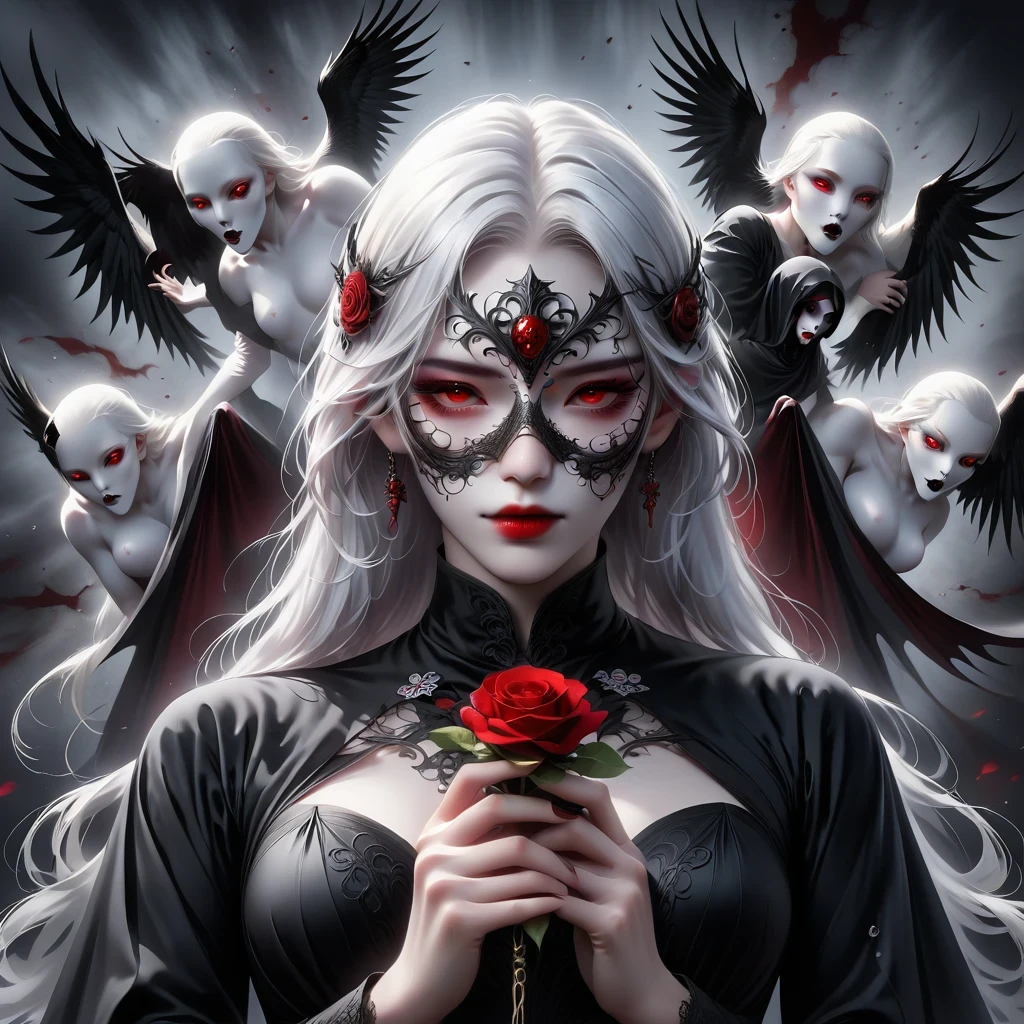 (Hand holding mask:1.5),(White-haired ghost,straight hair,Red eyes),(gothic art),(Fear:1.5),(correct human anatomy:1.37)