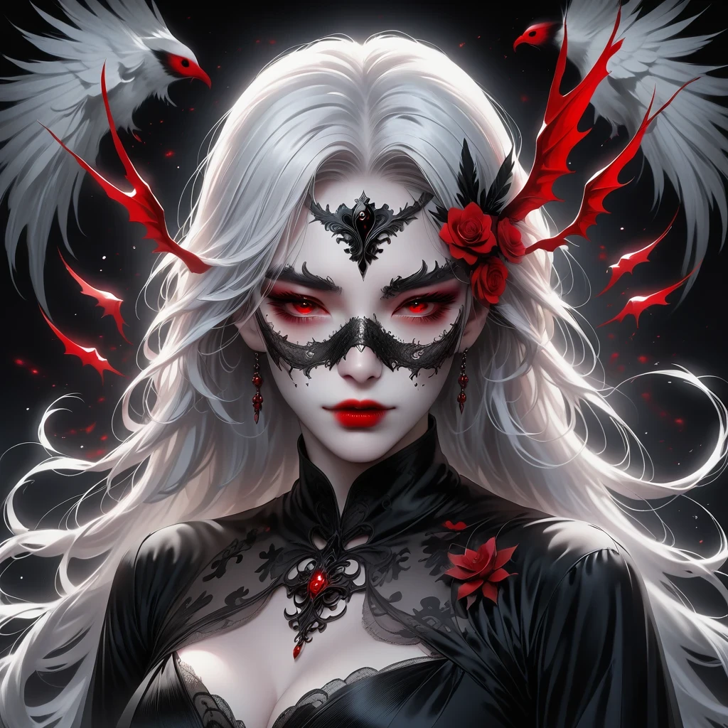 (Hand holding mask:1.5),(White-haired ghost,straight hair,Red eyes),(gothic art),(Fear:1.5),(correct human ???????:1.37)