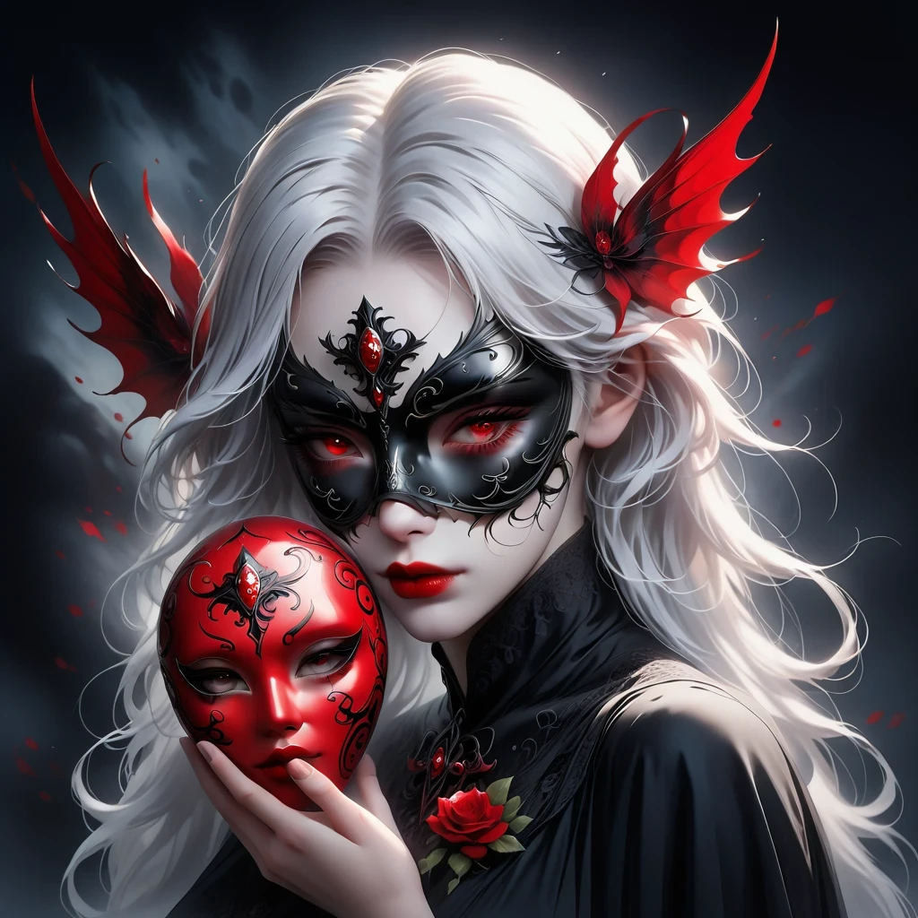 （Hand holding mask：1.5），（White-haired ghost，straight hair，Red eyes），（gothic art），（Fear：1.5），（correct human ???????：1.37）