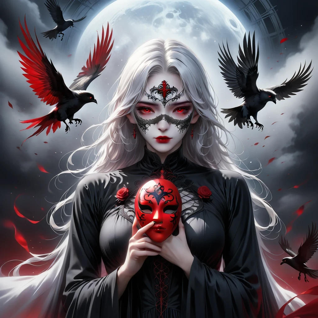 (Hand holding mask:1.5),(White-haired ghost,straight hair,Red eyes),(gothic art),(Fear:1.5),(correct human anatomy:1.37)