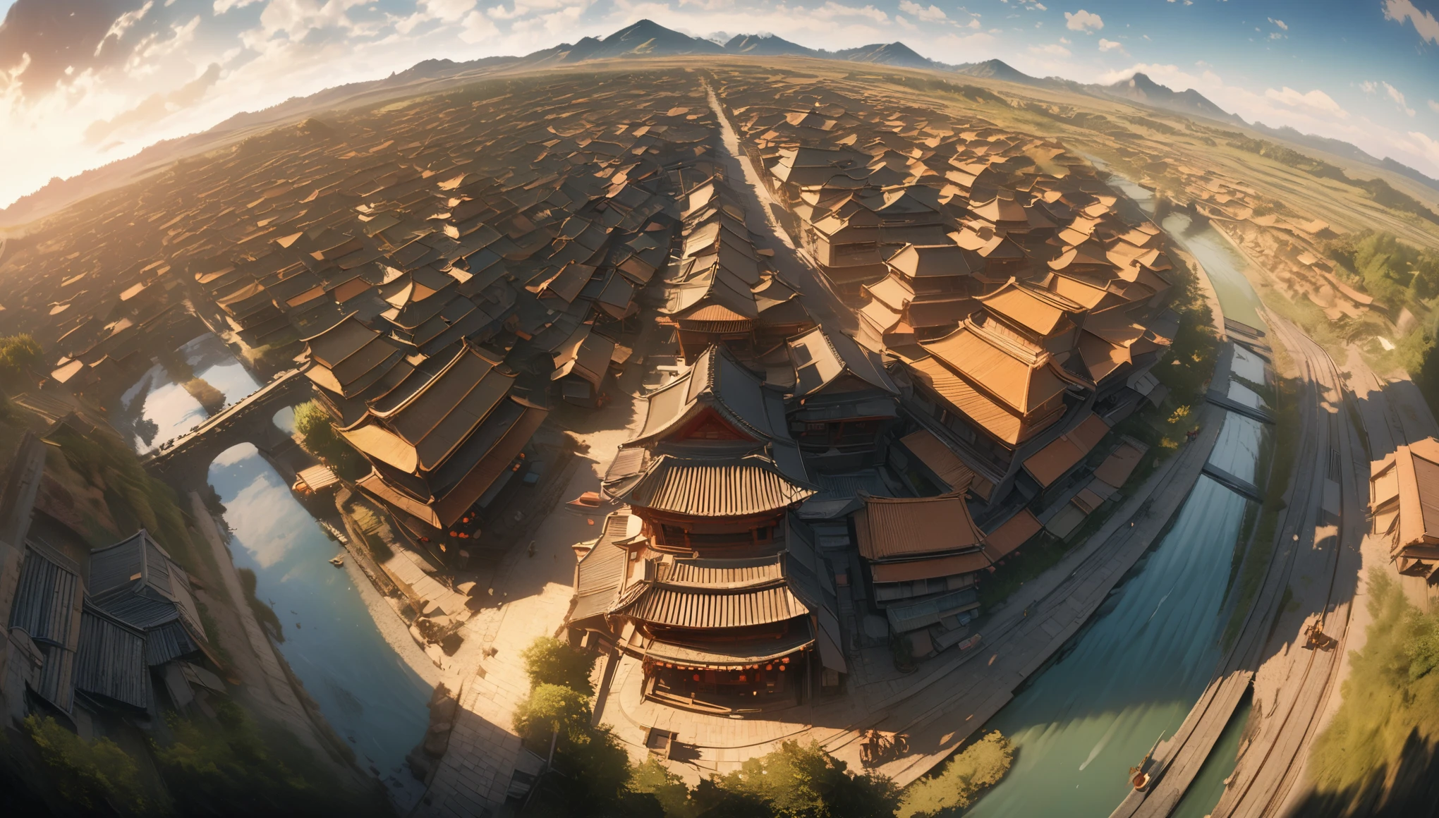 2D picture，comic style，Makoto Shinkai animation style，Makoto Shinkai animation film art style，Ultra wide angle viewing angle，Chinese style，A town with beautiful landscapes，Vision，Super fine，Super detailed，high quality，8K ，oc rendering，dynamic perspective，Super real，Super realistic
