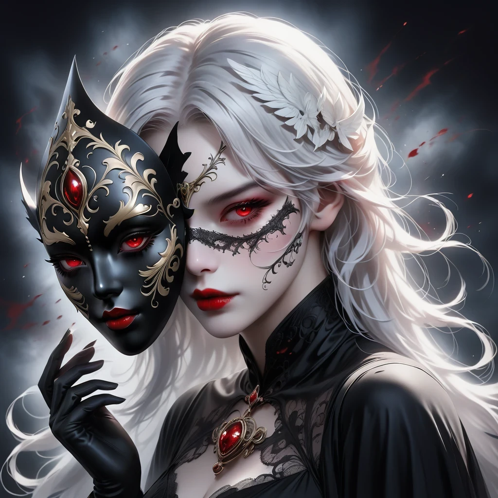 （Hand holding mask：1.5），（White-haired ghost，straight hair，Red eyes），（gothic art），（Fear：1.5），（correct human anatomy：1.37）