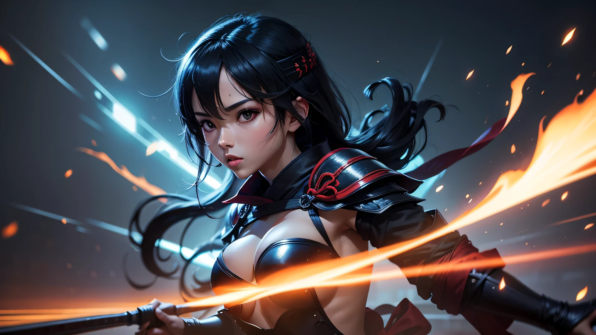 Feudal imperial Japanese anime scene at night, Ninja Scenario, Personagem: Ninja Mulher nos telhados, telhados, olhar dos telhados, (Personagem feminina perfeita), (Simetria da Personagem perfeita), (Corpo da Personagem feminina delicado), (Corpo Inteiro), 4k, UHD, Perfect stage lighting, estilo anime, capa para facebook