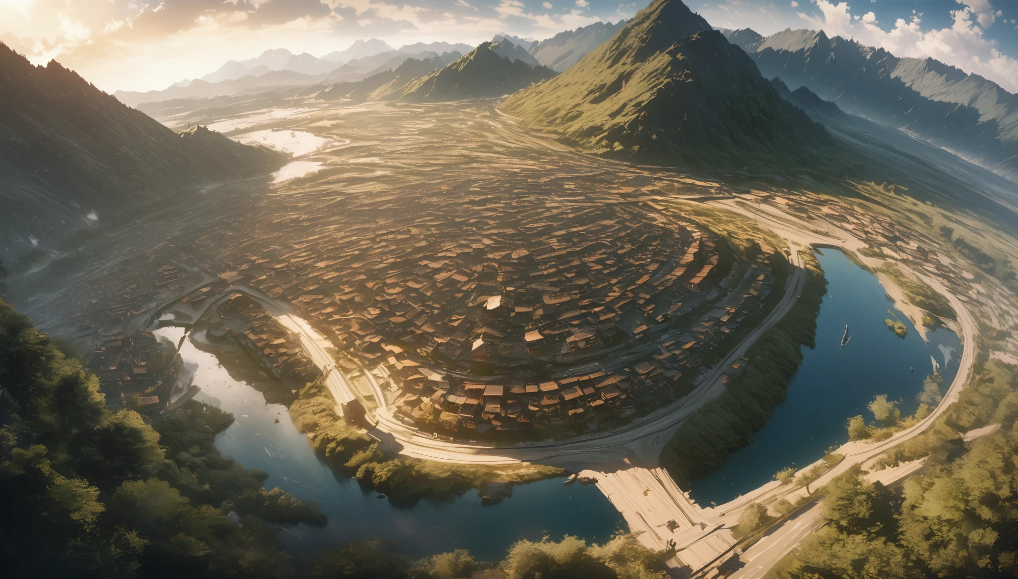 2D picture,comic style,Makoto Shinkai animation style,Makoto Shinkai animation film art style,Ultra wide angle viewing angle,Chinese style,A town with beautiful landscapes,Vision,Super fine,Super detailed,high quality,8K ,oc rendering,dynamic perspective,Super real,Super realistic