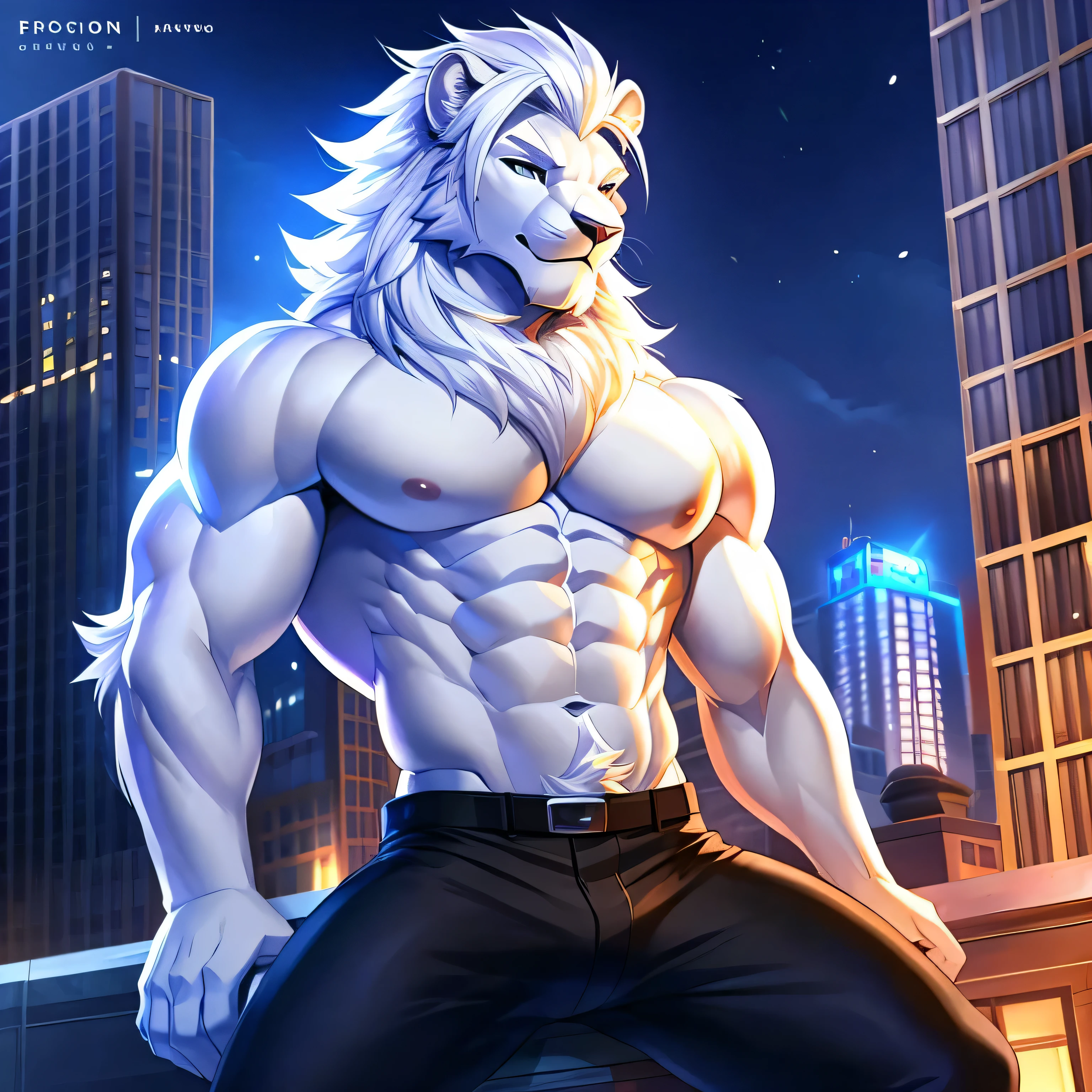 (White lion), The whole body is covered with fluffy hair, big muscular chest, Volumetric Abdominal Muscles, Day, get used to it, Uploaded to e621, Beautifully detailed portrait of an anthropomorphic White lion (((male))) subtraction, Ross Tran, Luan Jia, Uploaded to e621, Zausch, foxov, movie lighting, moonlight, shining eyes, white fur, long white hair, The background is the city at night, (are on top of the building), fascinating face, king, topless, Wearing black pants, (Slender)