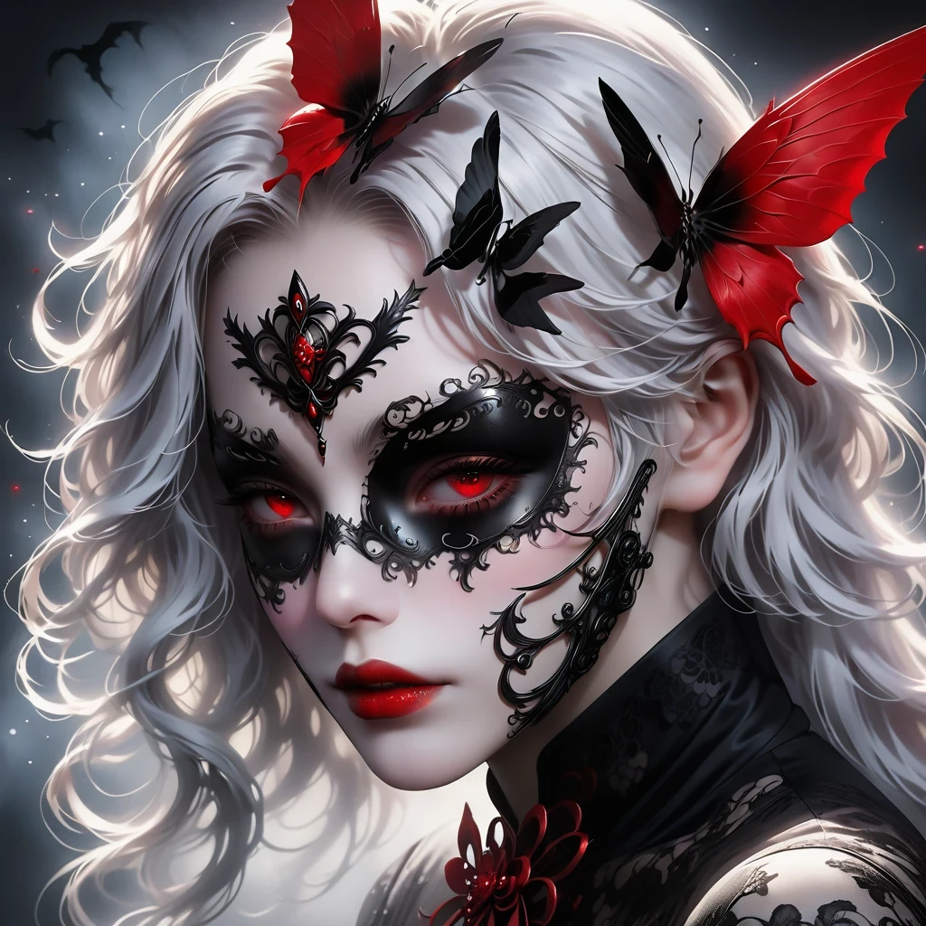 （Mask in hand：1.5），（White-haired ghost，straight hair，Red eyes），（gothic art），（Fear：1.5），（correct human anatomy：1.37）
