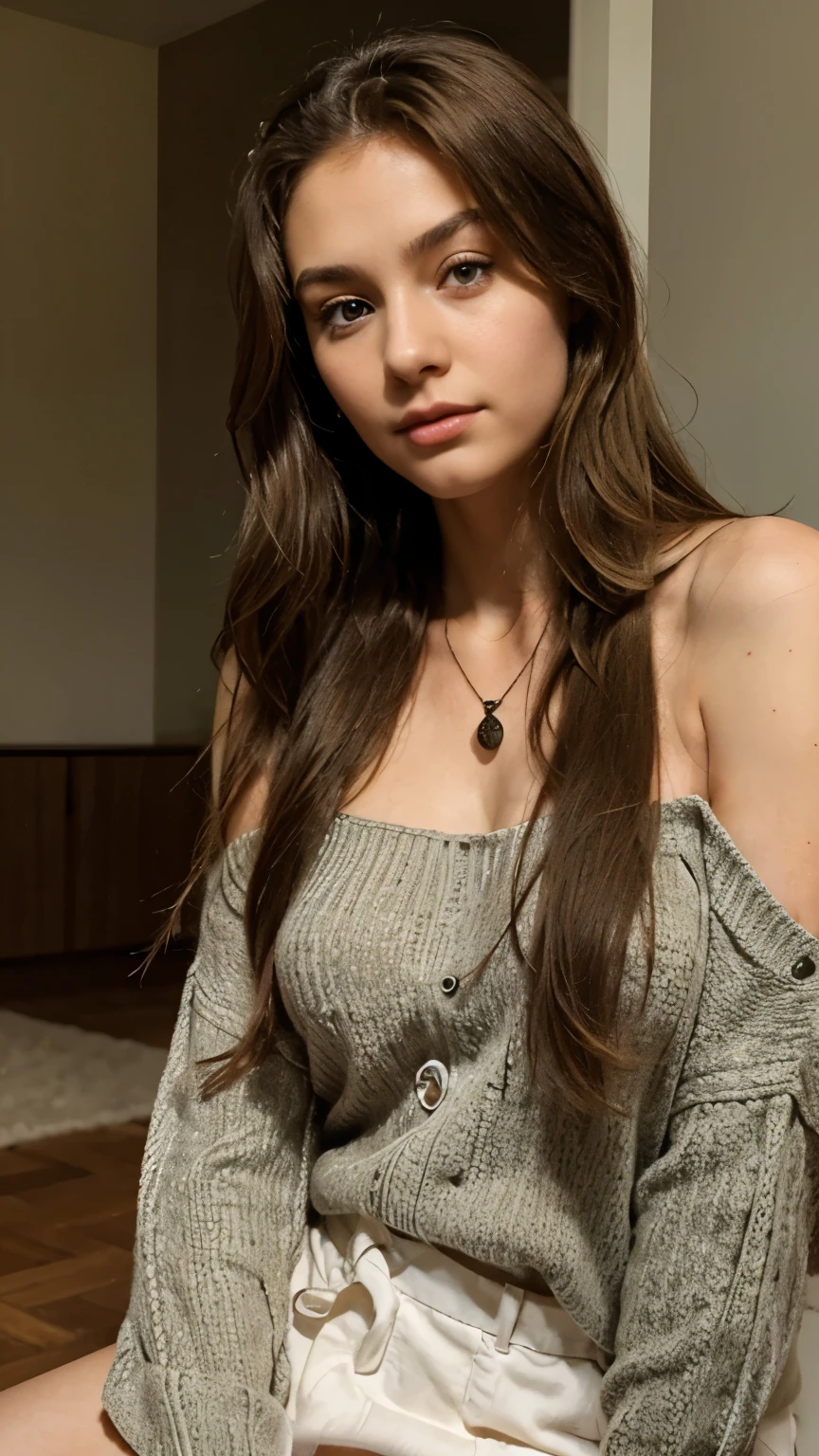 1girl in, 19, Solo, Long hair, Colossal , Looking at Viewer, blondehair, Bare shoulders, Brown eyes, jewely, Full body, a necklace, off shoulders, Sweaters, Realistic, A sexy
INFO