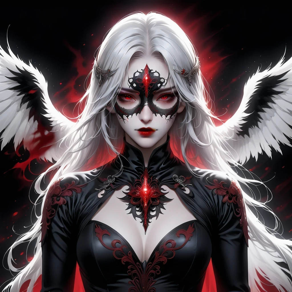 (Mask in hand:1.5),(White-haired ghost,straight hair,Red eyes),(gothic art),(Fear:1.5),(correct human anatomy:1.37)