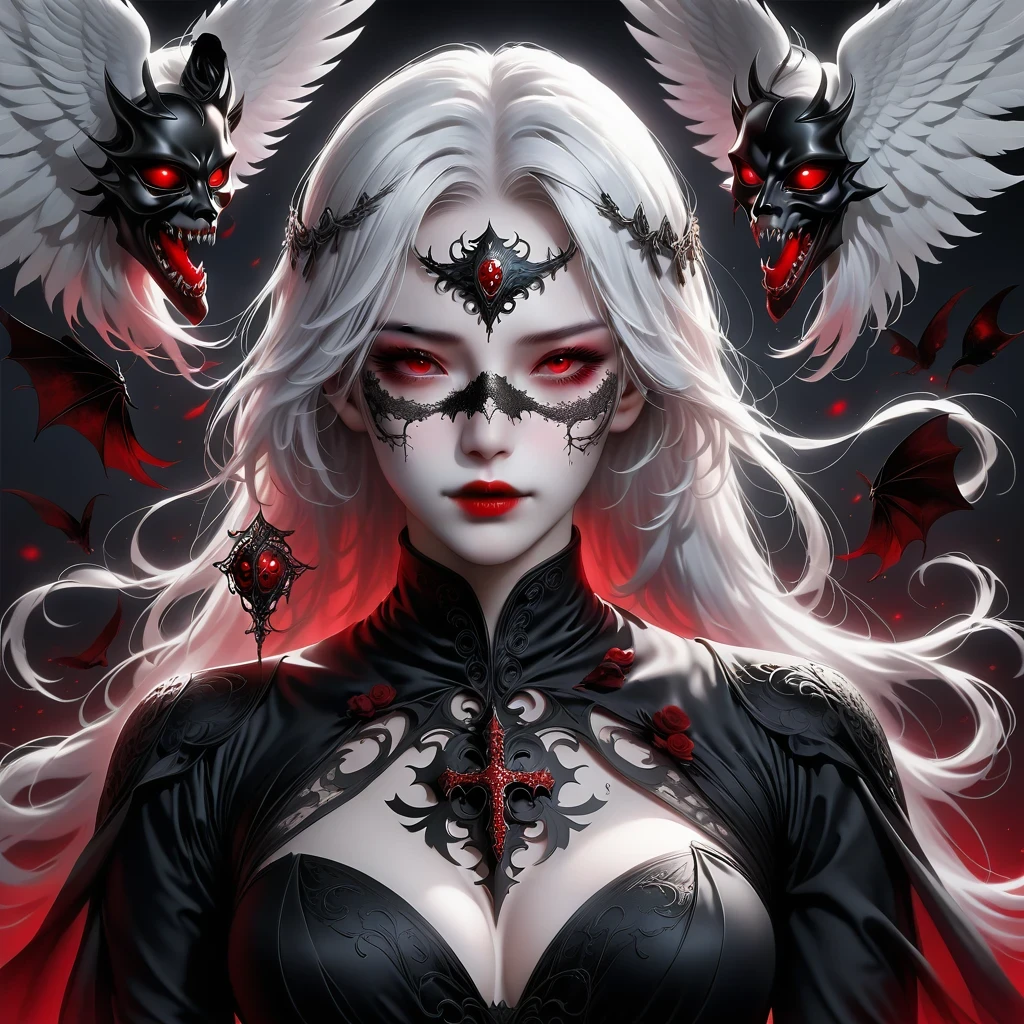 (Mask in hand:1.5),(White-haired ghost,straight hair,Red eyes),(gothic art),(Fear:1.5),(correct human anatomy:1.37)
