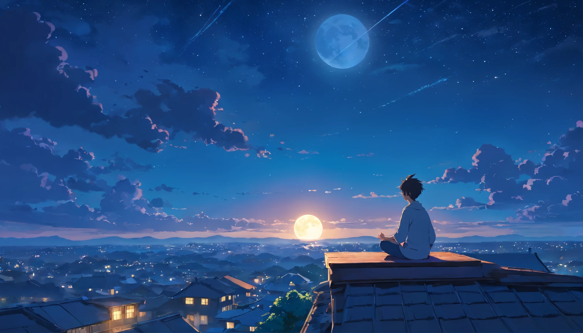 boy meditating on the roof of the house, starry sky,figure,High resolution,(highest quality:1.2),Super detailed,(realistic:1.37),peaceful atmosphere,yoga poses,spiritual journey,quiet contemplation,Silhouette effect,quiet night,moon light reflection,calm and serene,sitting cross-legged,Self-discovery,enlightenment,deep breath,A harmonious connection with the universe,breeze,accidental,Tranquility of the mind,harmony with nature,thoughtful expression,Clouds illuminated by moonlight,Inner peace,Rooftop illuminated by moonlight,Tranquility and tranquility,moonlit landscape,A peaceful dream-like experience,silence in solitude,peaceful inner world,fantastic atmosphere,Moonlit atmosphere,inner balance,moonlit meditation,quiet solitude,starry sky